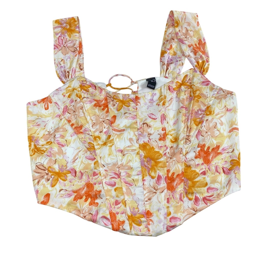 Windsor Coquette Top Women XL Crop Floral Corset Lace Up Back Orange Pink Summer